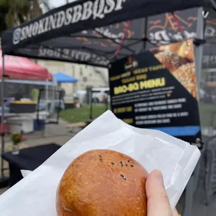 Cheers to a Korean Cowboy Bao-BQ at Smokin D's BBQ at their pop-up at the Lake Merritt Farmer's Market in Oakland.