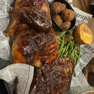 To meat platter with two sides Roasted chicken and ribs