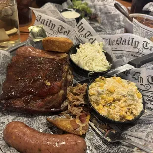 Very tasty St. Louis BBQ Ribs, Texas jalapeño sausage, coleslaw and corn casserole with a nice pice of corn bread.