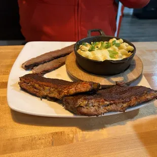 Ribs, brisket, and Mac and cheese
