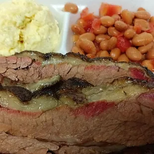 Marbled brisket, potato salad and beans