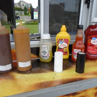 Condiment options at the order window.