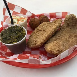 Fish Fry (Friday special) with Collard greens and Cole Slaw