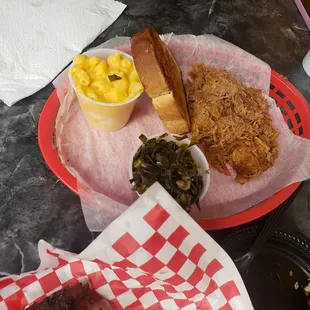 Pulled pork, mac m cheese and collard greens