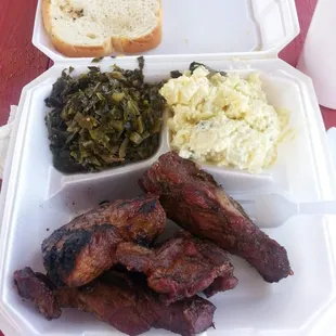 Boneless, smoked ribs, potato salad, collard greens