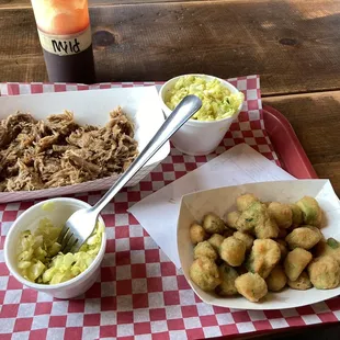 my meal of chopped pork barbecue, coleslaw, and breaded fried okra
