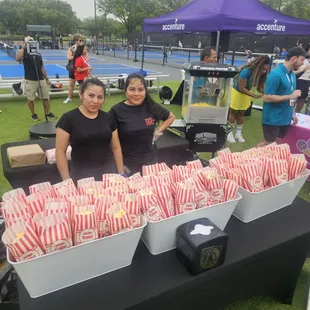 Concessions like popcorn shaved ice and cotton candy available. We can serve any size group.