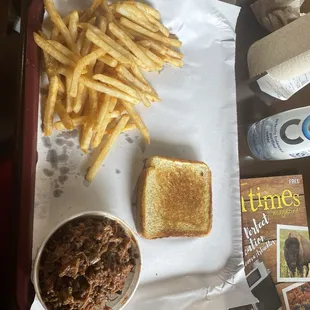 Basket meal with one side.   Chopped brisket with French fries.