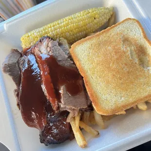 Sliced Brisket, Corn on the Cob, Texas Toast, French Fries