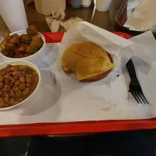 Fried thick cut Bologna with cheese. Beans, fried Oakra!!!