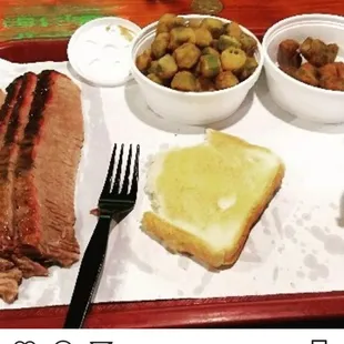 Smoked brisket, fried okra, double....Texas toast. Heaven on a plate.