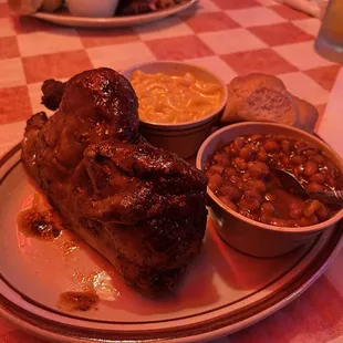 1/2 Chicken with beans and Mac n Cheese.