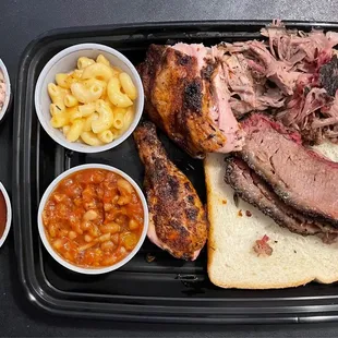 3 x 3 assembled to-go: Cole slaw, barbecue sauce, Mac n Cheese, Bean Crack, 2pc chicken, 1/4lb Brisket &amp; Pulled Pork, thick slice of bread