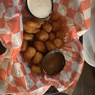 Cheese curds with ranch and caramel sauce! I highly recommend the caramel sauce!