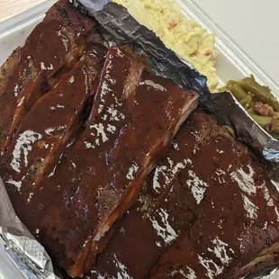Ribs, potato salad and bacon green beans