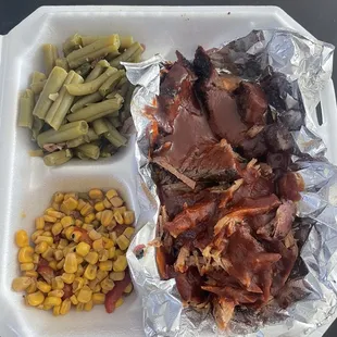 Brisket, bacon green beans and chili corn