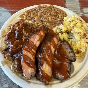 Brisket, Pulled Pork, Ribs, bacon mac and cheese, pulled pork beans