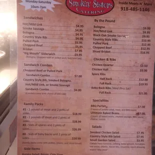 a menu for the smokin sisters
