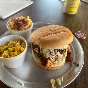 Smoked chicken sandwich with corn Bacon Mac and Cheese