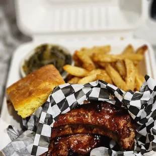 Fried BBQ Baby Back Ribs, fries, collard greens, corn bread