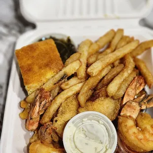 Fried Catfish and Shrimp, fries, collard greens, corn bread