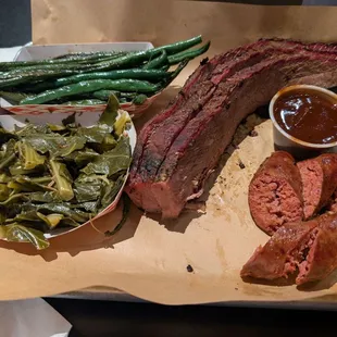Double or nothing (brisket and links) with green beans and collard greens.