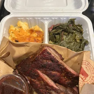 Pork ribs and links, collard greens and mac.