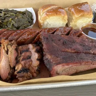 Hot link, ribs, chicken and greens