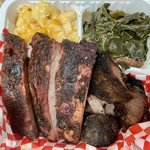 2 meat combo w/ ribs, tri-tip, mac &amp; cheese, and greens - Very disappointing :(