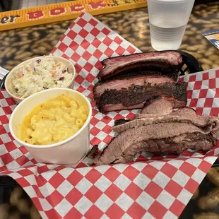 Two meats (brisket and ribs) with mac and cheese and coleslaw