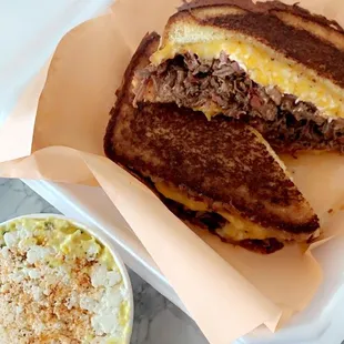 Chopped beef grilled cheese and jalapeños creamed corn