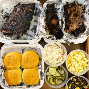 Baby Back Ribs, Burnt Ends, Chopped Brisket, potato bread, Coleslaw, Mac and Cheese, pickles, Texas Caviar