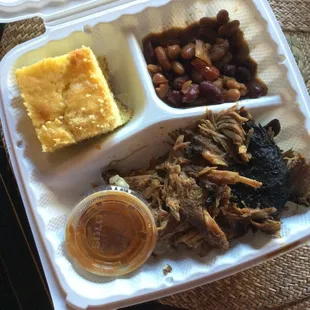 Pulled pork with beans and corn bread sides - excellent!