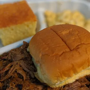 Pulled pork, cornbread, mac and cheese