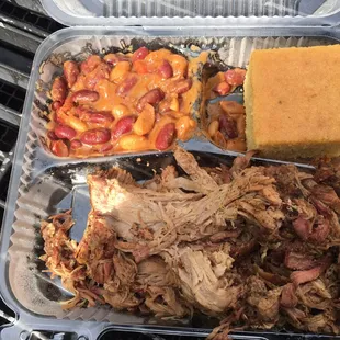 Pulled pork combo with beans and cornbread