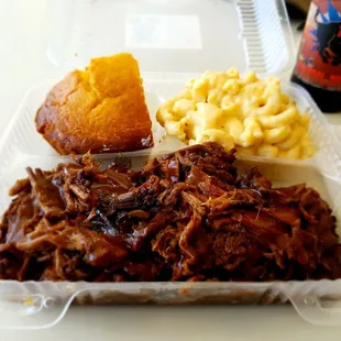 Beef Brisket Platter with Mac &amp; Cheese, Corn Bread, and a Thunder Beast Root Beer!