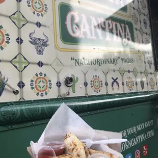 Veggie quesadilla which was delicious. Rice, black beans, corn, zucchini. Nice mix.