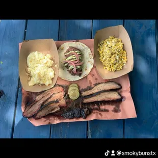 Brisket, Barbacoa and Pork Belly, with Street Corn Salad &amp; our popular Potato Salad!