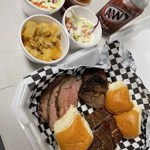 #3 ribs, tri-tip, brisket, 2X coleslaw and cheesy potatoes