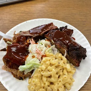 Pulled pork, Ribs, brisket, Mac N cheese, cole slaw. I'm from the south, I can fix a plate lol