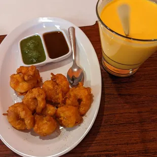 Shrimp Pakora and Mango Lassi