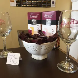 a bowl of chocolates and wine glasses