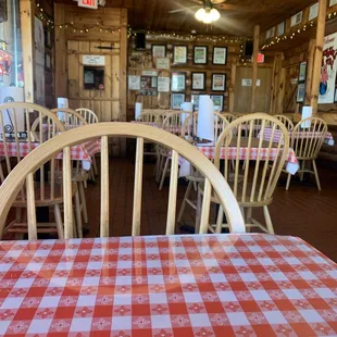  a red and white checkered table cloth