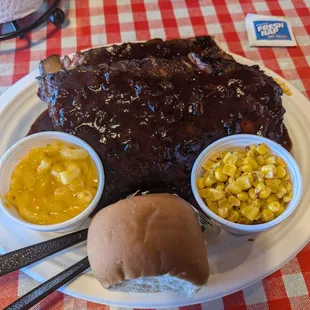 Full slab of ribs spicy corn and Mac and cheese