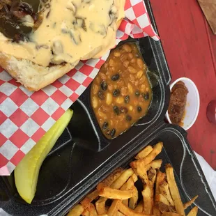 Brisket Philly, beans and fries