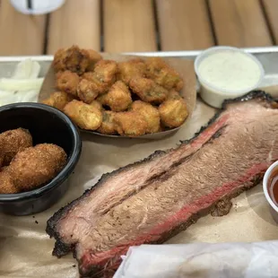 Half pound prime, brisket, fried okra, jalapeño hush puppies