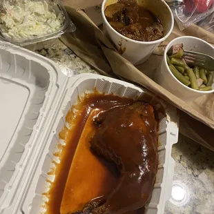 average cole slaw, dry beef ends, leg &amp; thigh caked in hickory bbq sauce, and some delicious green beans