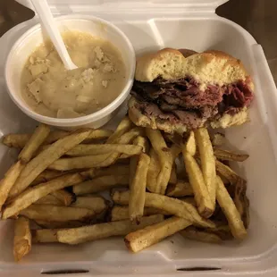 Pit Beef (medium rare), ocean fries, cream of crab soup.