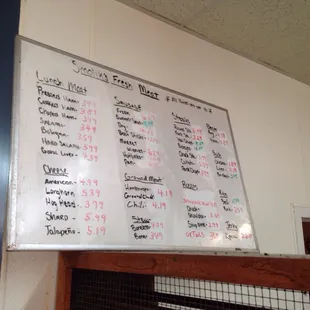 a menu on a whiteboard