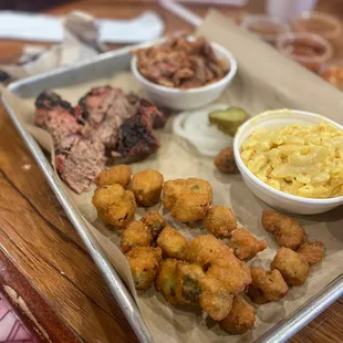 Two meat plate, marbled brisket and pulled pork w/ fried okra and mac n cheese